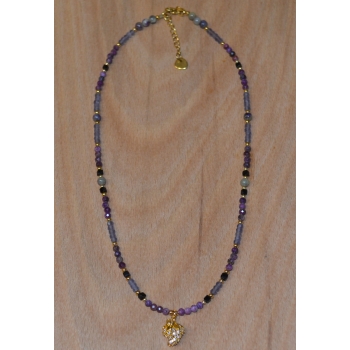 Naszyjnik handmade z czarnym turmalinem , czaritem i kocim okiem .